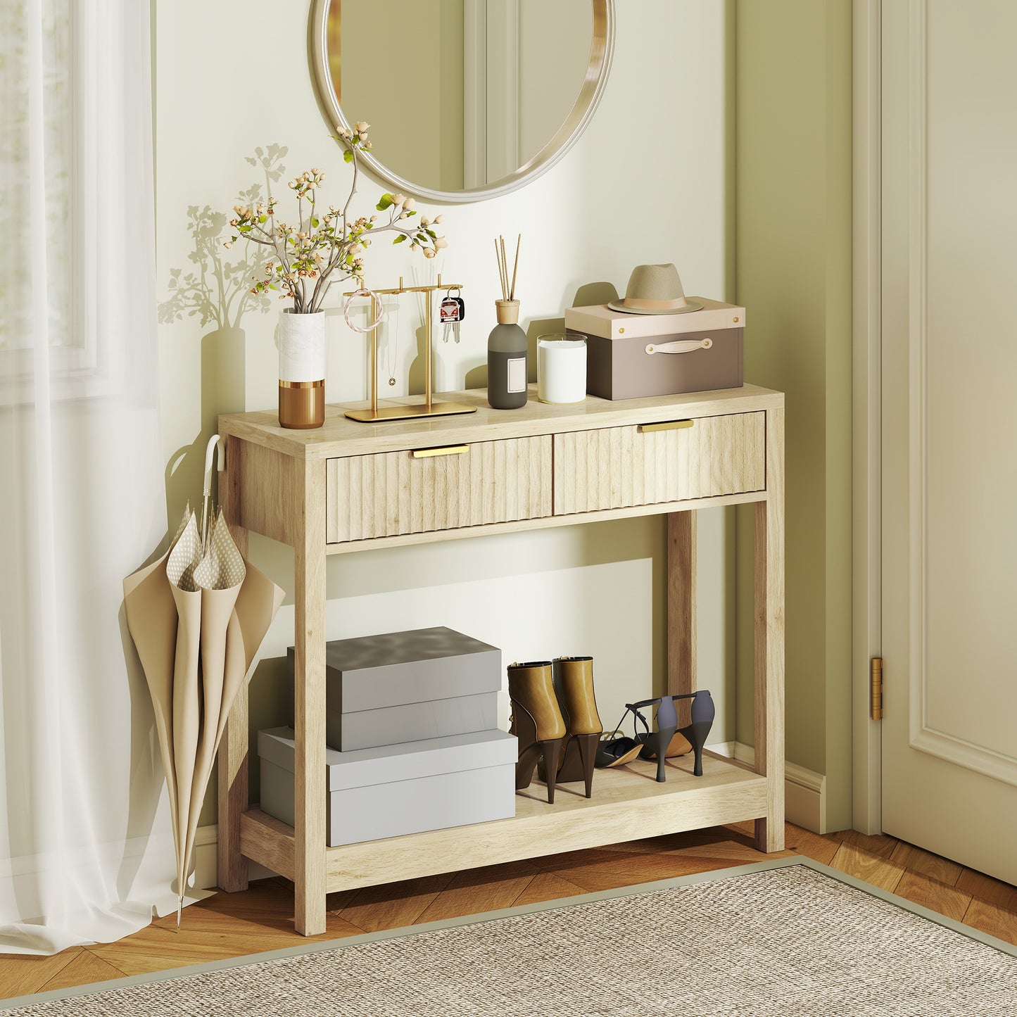 Modern Console Table with Fluted Panel Drawers, Narrow Hallway Table with Shelf for Entryway, Living Room, 90 x 30 x 76 cm