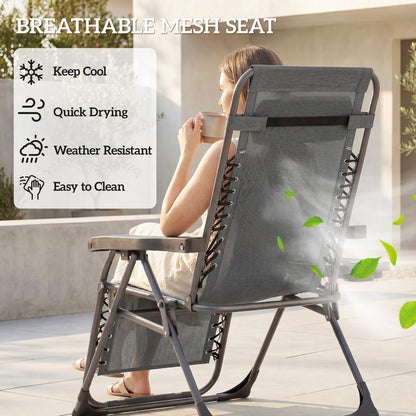 Zero Gravity Chairs Set of 2, Folding Sunloungers Reclining Garden Chairs with Cup Holder, Headrest, Dark Grey