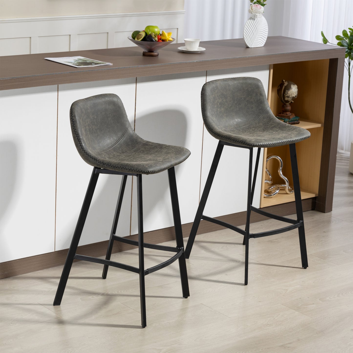 Bar Stools Set of 2, PU Leather Dining Stools with Backrest, Footrest, for Kitchen, Counter, Breakfast Bar, Grey