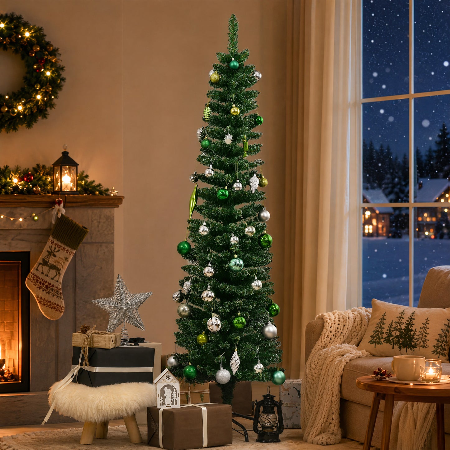 5.5FT Artificial Snow Dipped Christmas Tree Xmas Pencil Tree Holiday Home Indoor Decoration with Foldable Black Stand, Green