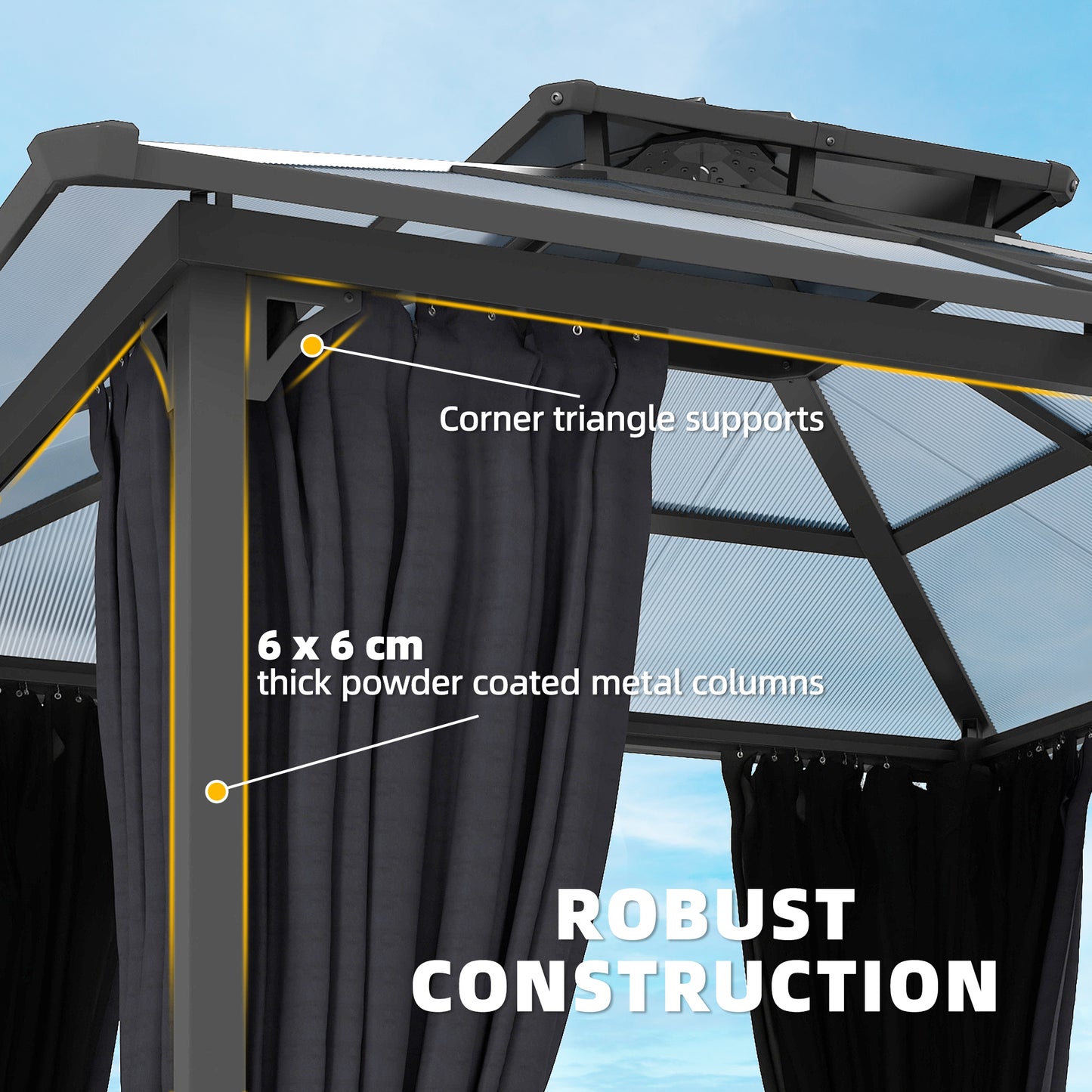 2.5 x 2.5 m Hardtop Gazebo Canopy with Double PC Roof, Drainage Gutters, Garden Gazebo Permanent Pavilion, Dark Grey