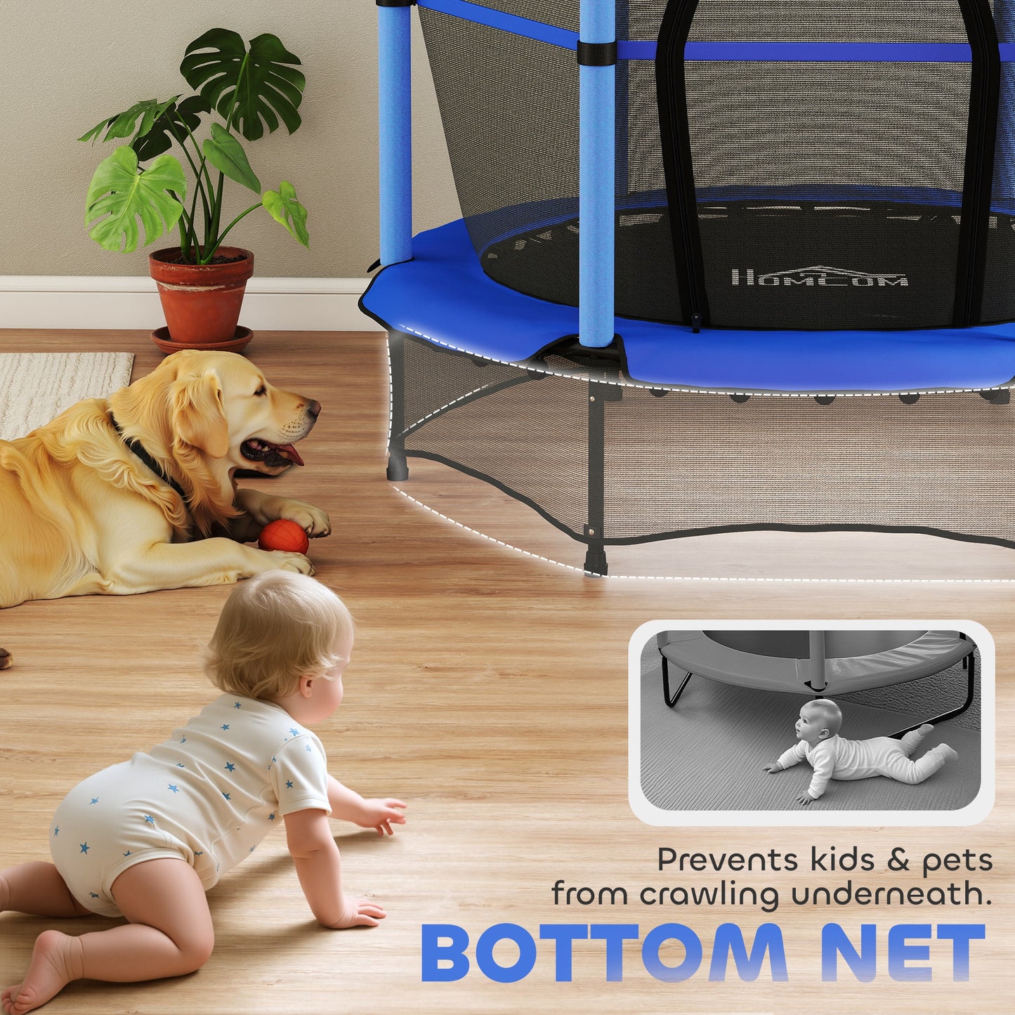 4.6FT/55" Kids Trampoline with Enclosure Net, Outdoor Indoor Use, for Ages 3-10 Years, Blue