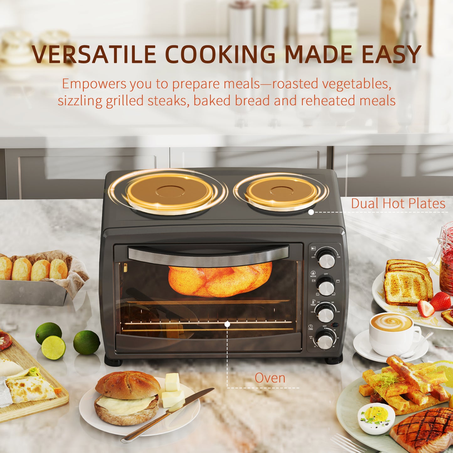 36L Small Oven with 2 Hot Plates, Countertop Toaster Oven, Grill, Roast, Bake, Boil, with Timer, Adjustable Temperature