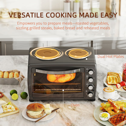 36L Small Oven with 2 Hot Plates, Countertop Toaster Oven, Grill, Roast, Bake, Boil, with Timer, Adjustable Temperature