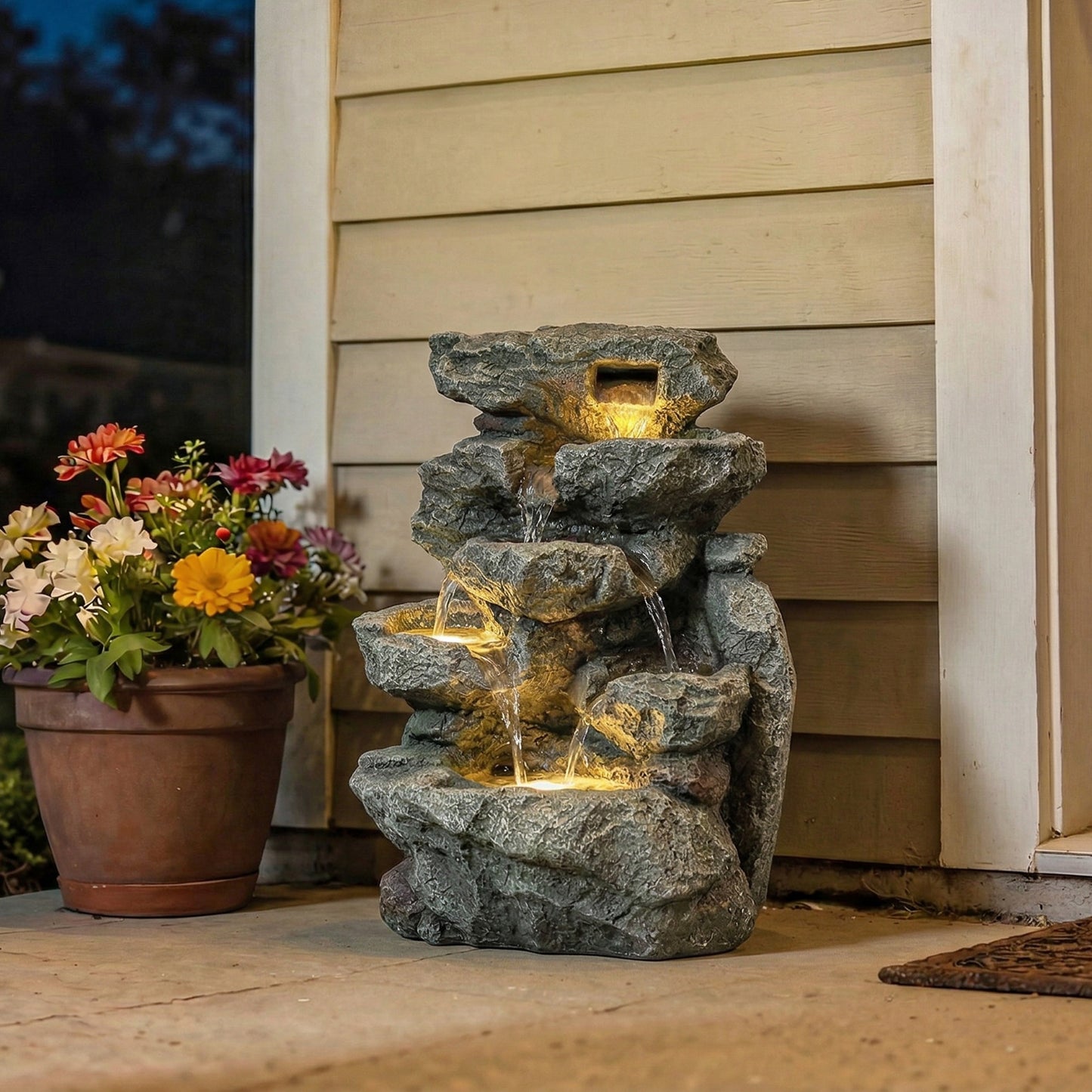 Outdoor Fountain with 6-Tier Rock Design, Waterfall Feature with LED Lights, Resin Freestanding Garden Fountain, Grey