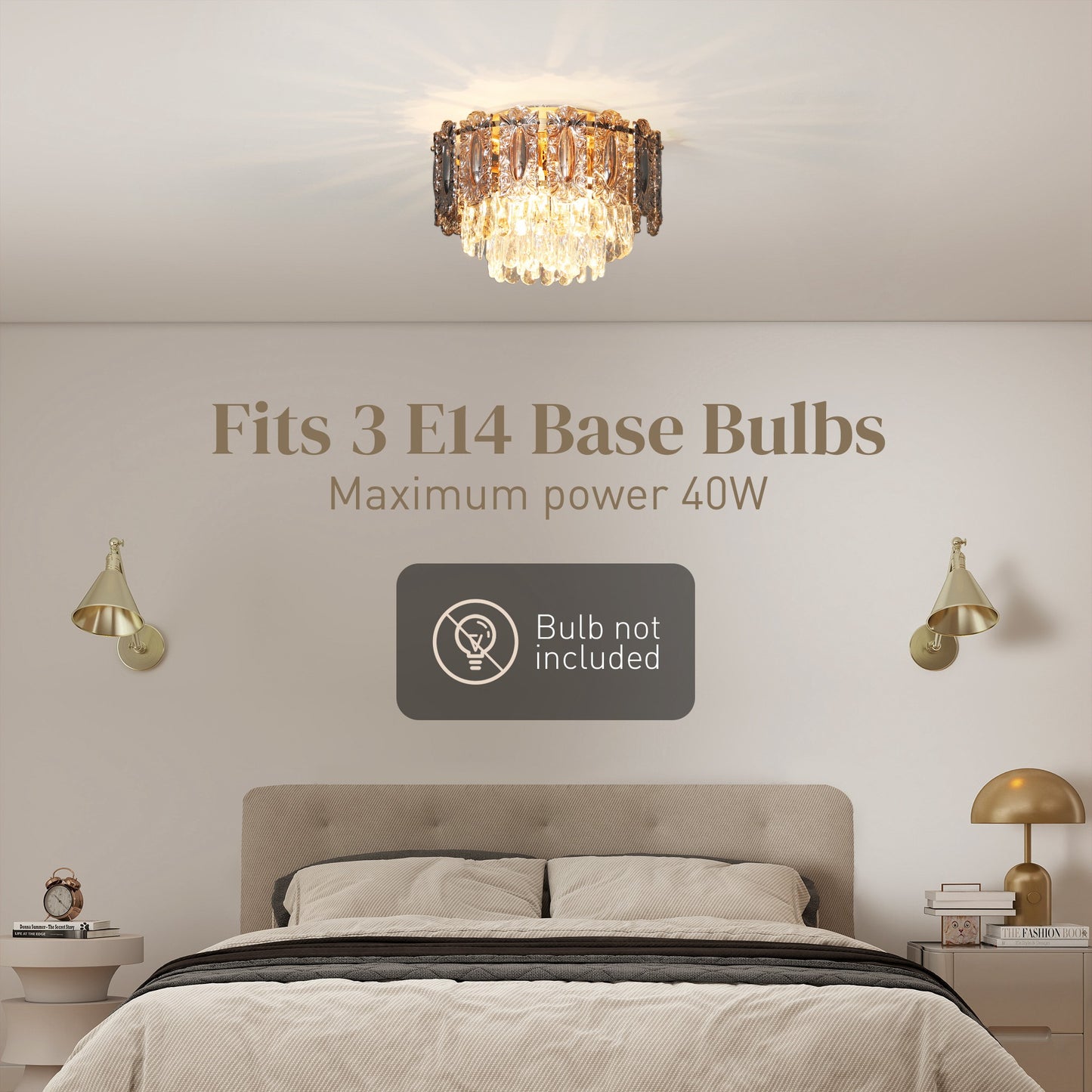 Chandelier Ceiling Light, 3-Light Flush Mount Fixture with Dual Crystal and Smoke Glass Shade