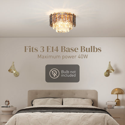 Chandelier Ceiling Light, 3-Light Flush Mount Fixture with Dual Crystal and Smoke Glass Shade