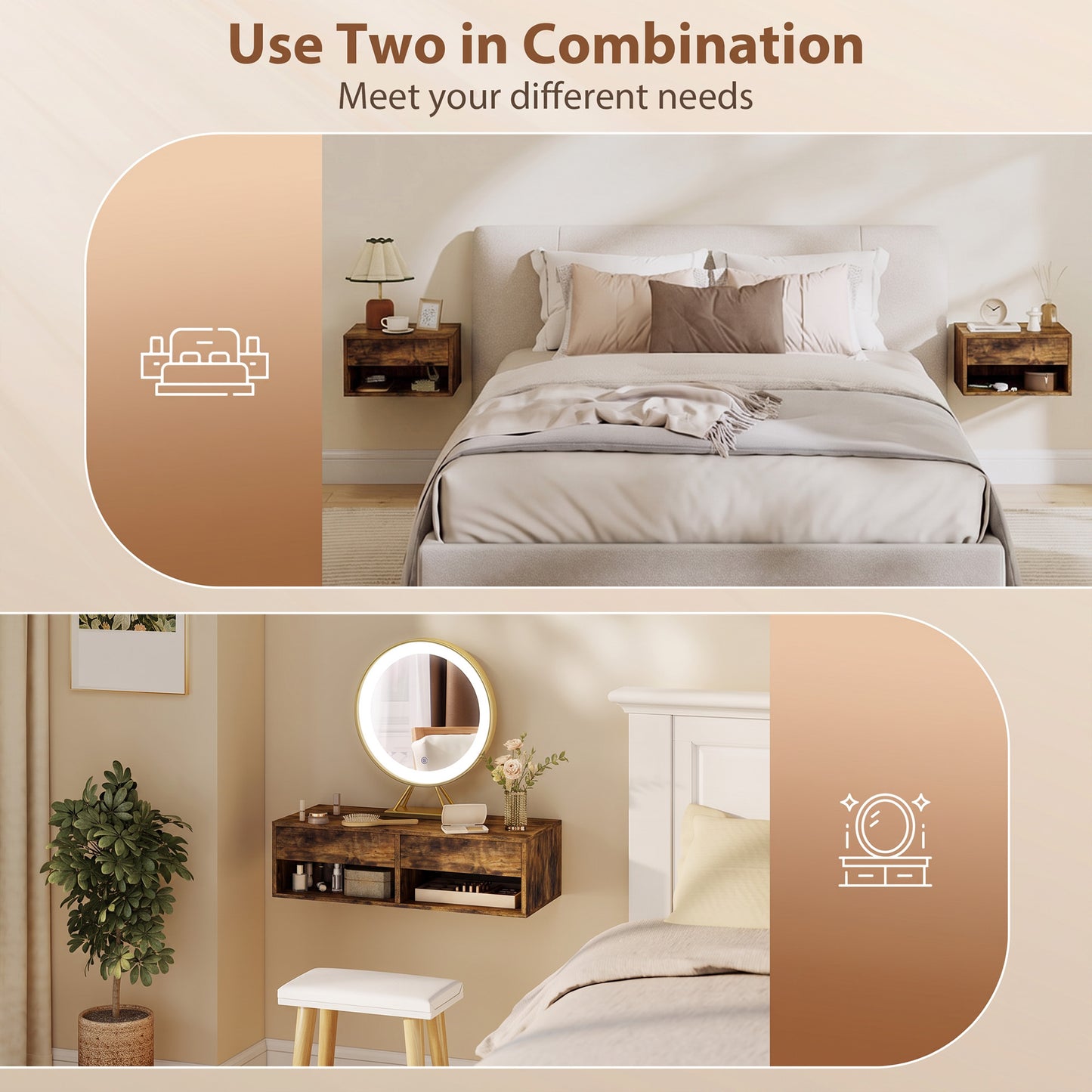 Set of Two Floating Bedside Tables - Rustic Brown