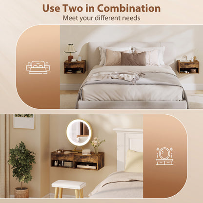 Set of Two Floating Bedside Tables - Rustic Brown