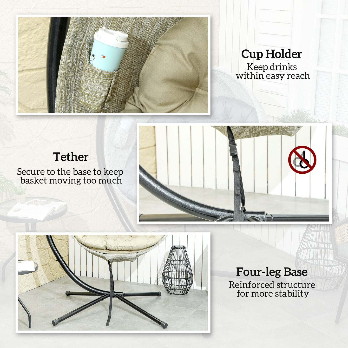 Hanging Egg Chair Outdoor Indoor Garden Swing Chair with Folding Basket, Thickened Cushion, Cup Holder for Patio, Balcony