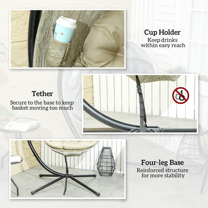 Hanging Egg Chair Outdoor Indoor Garden Swing Chair with Folding Basket, Thickened Cushion, Cup Holder for Patio, Balcony