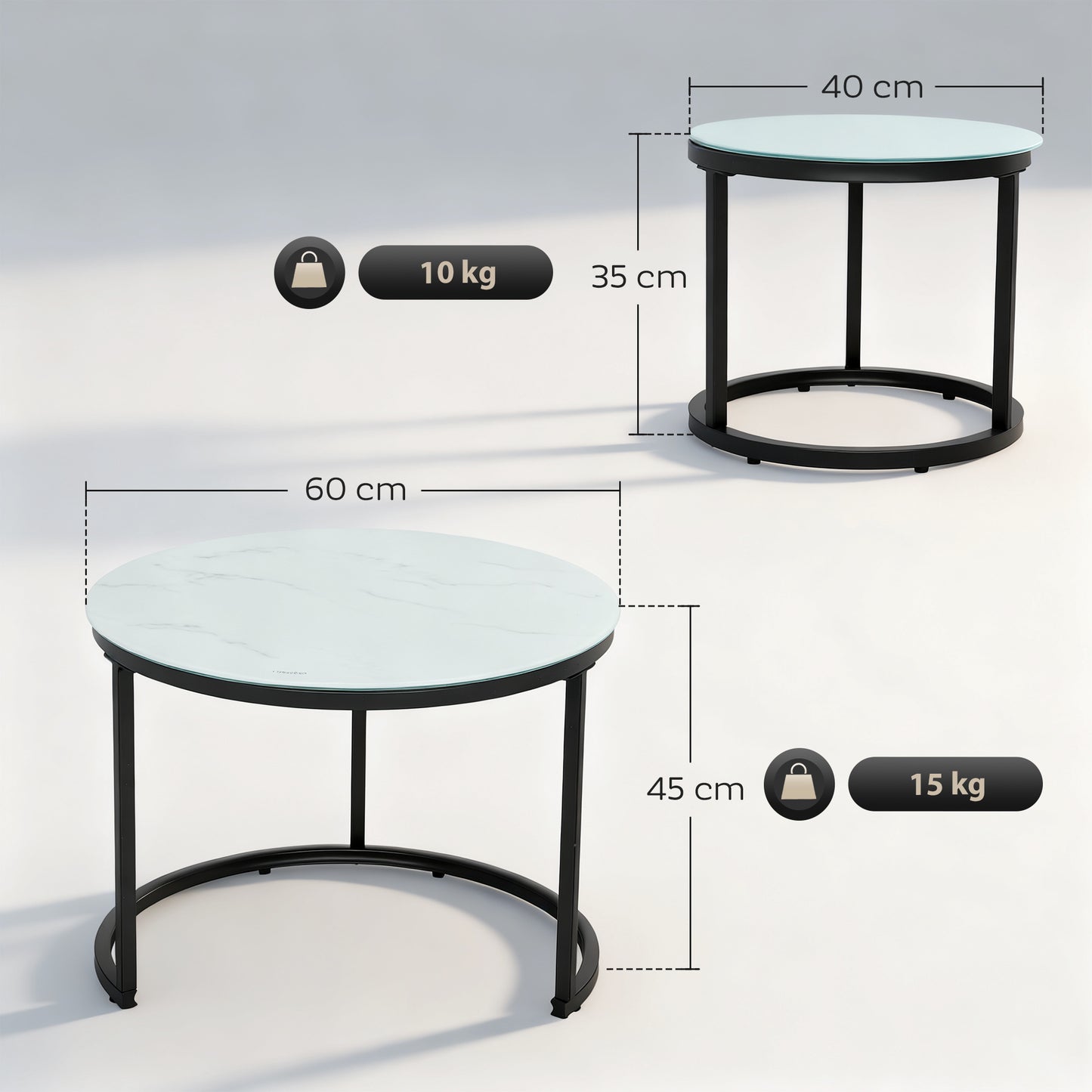 Glass Coffee Table Set of 2, Round Nest of Tables with Marble-Effect Tempered Glass Tabletop and Steel Frame