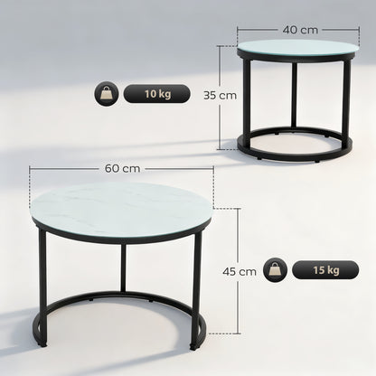 Glass Coffee Table Set of 2, Round Nest of Tables with Marble-Effect Tempered Glass Tabletop and Steel Frame