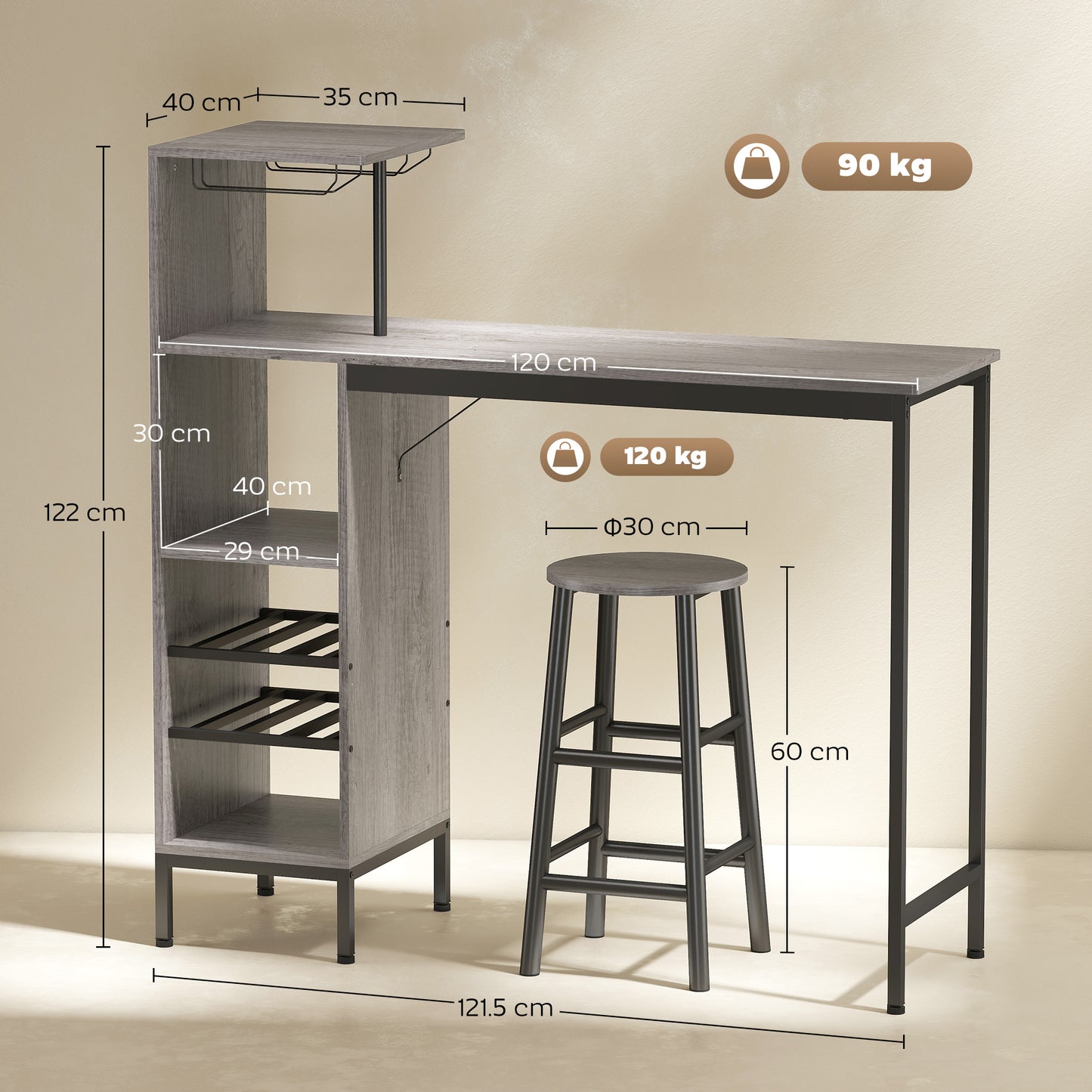 3 Pieces Dining Room Set, 2 Round Stools with Footrest, 6-Tier Dining Table with Storage Shelves, Natural