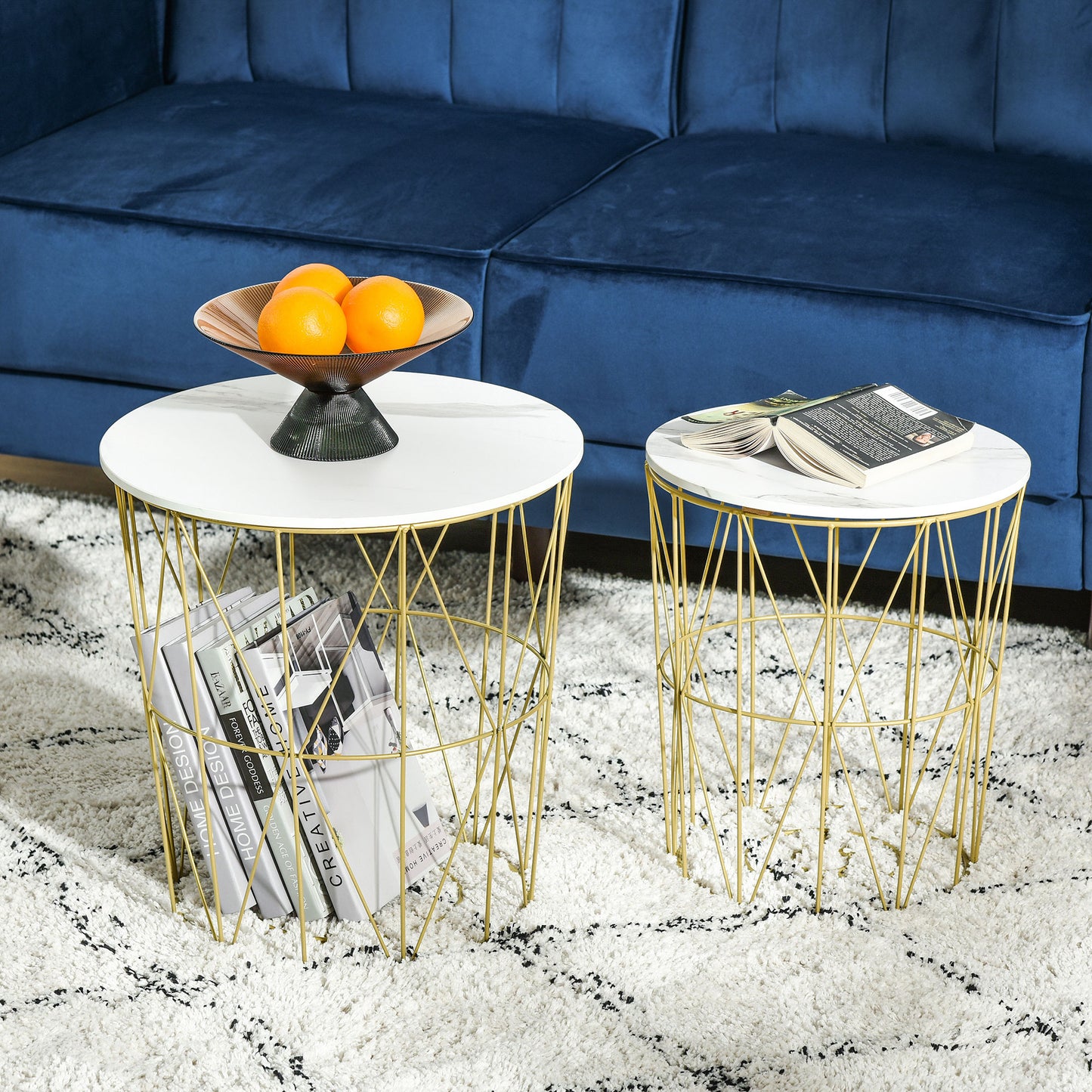 Set of 2 Nesting Side Tables with Storage, Round End Tables Coffee Tables with Steel Frame and Removable Round Top