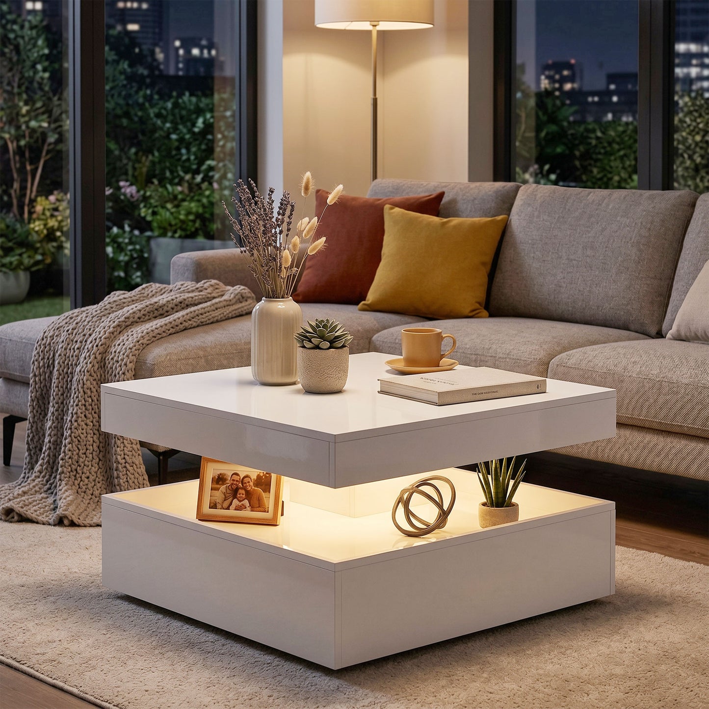 LED Coffee Table with Storage, 2-Tier Modern Centre Table with Open Shelf and Remote for Living Room, High Gloss White