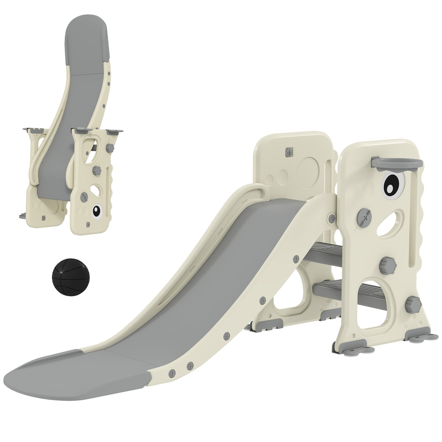3 in 1 Kids Slide with Climber, Basketball Hoop and Ball, Foldable Indoor Toddler Slide for Ages 2-5, Cream White