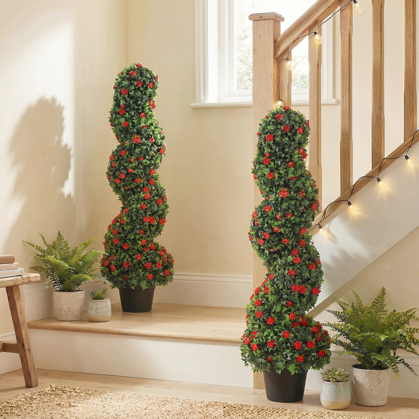 Decorative Artificial Plants Set of 2, UV Resistant Fake Plants in Pot for Indoor Outdoor Decor, 90cm, Red