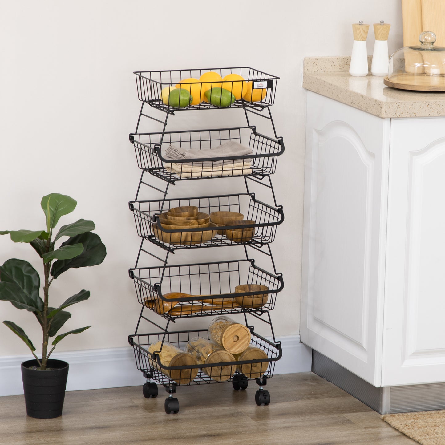 5 Tier Storage Trolley, Stackable Fruit Vegetable Cart for Kitchen, Living Room, 40 x 2 x 97 cm, Black