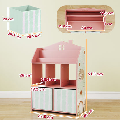 Kids Bookshelf with Storage, Toy Storage Unit with Book Display, Shelves and Fabric Drawers for Playroom Nursery, Pink