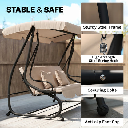 Three-Person garden Swing Chair, with Adjustable Canopy - Light Brown