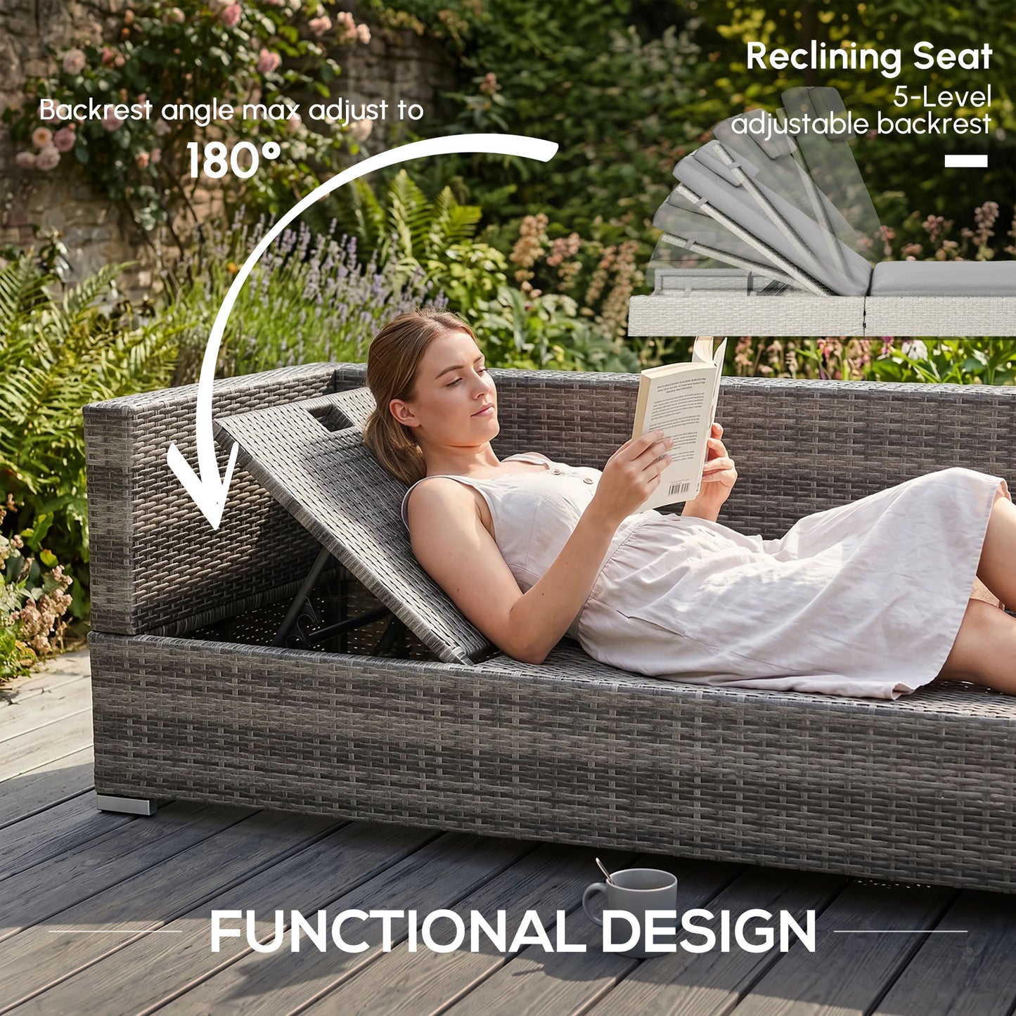 3PC Rattan Garden Furniture Storage Sofa Set, 4 Seater Wicker Coffee Table Conservatory Sun Lounger Reclining Set with Cushio