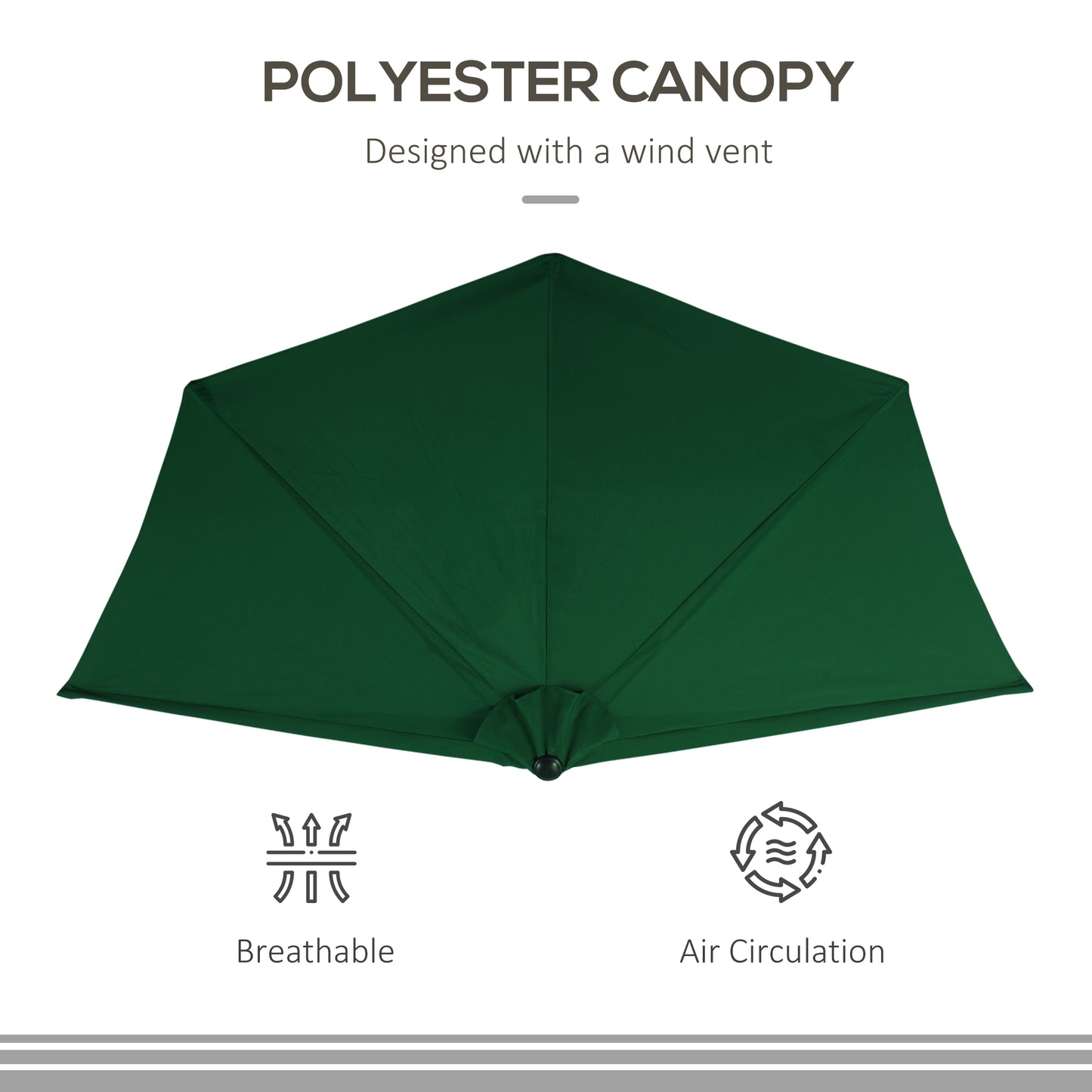 3(m) Half Parasol, Semi Round Umbrella with Metal Frame, Crank Handle for Balcony, Garden, Green