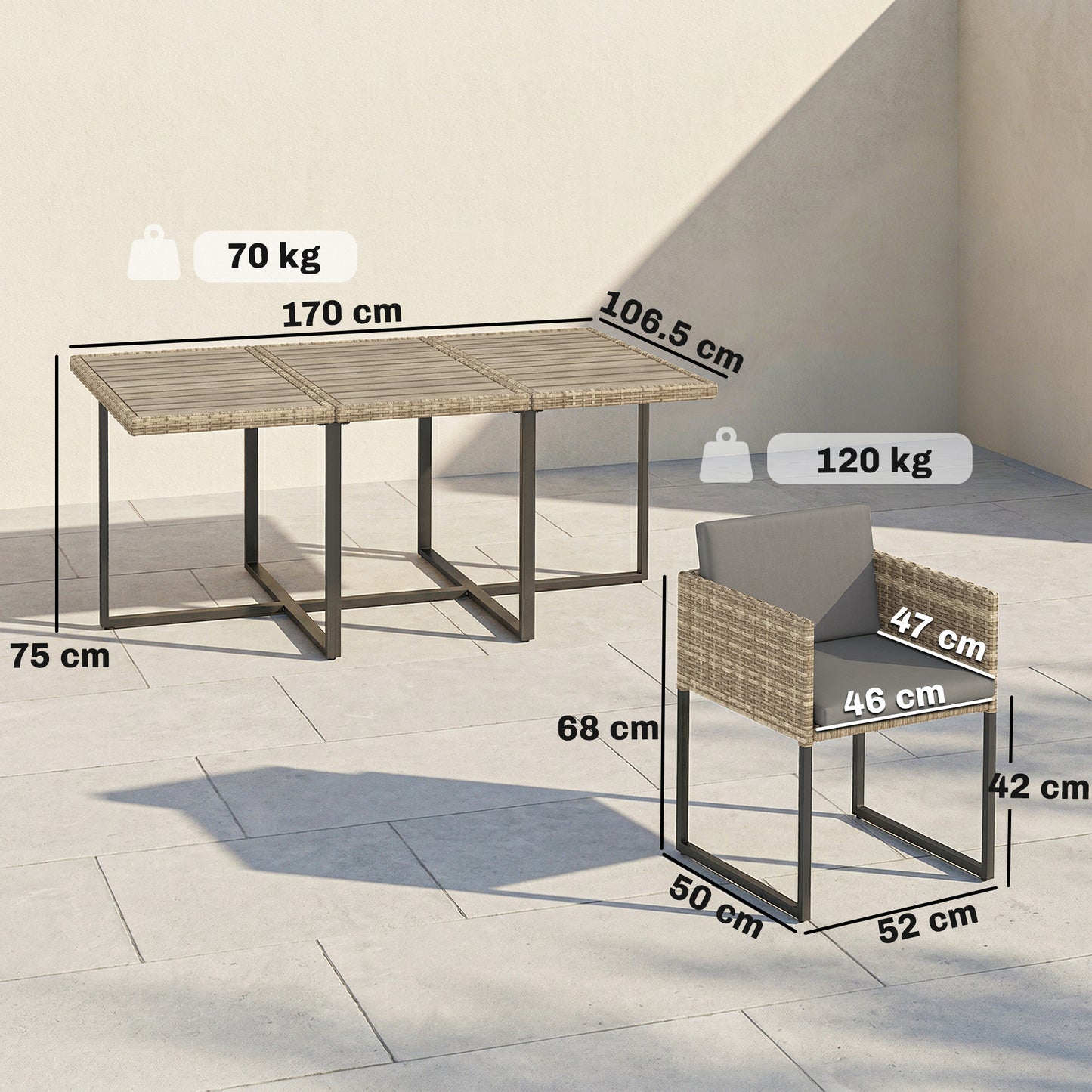 7 Piece Rattan Garden Furniture Set, Garden Dining Set with Wood-Plastic Table and 6 Stackable Chairs, Light Brown