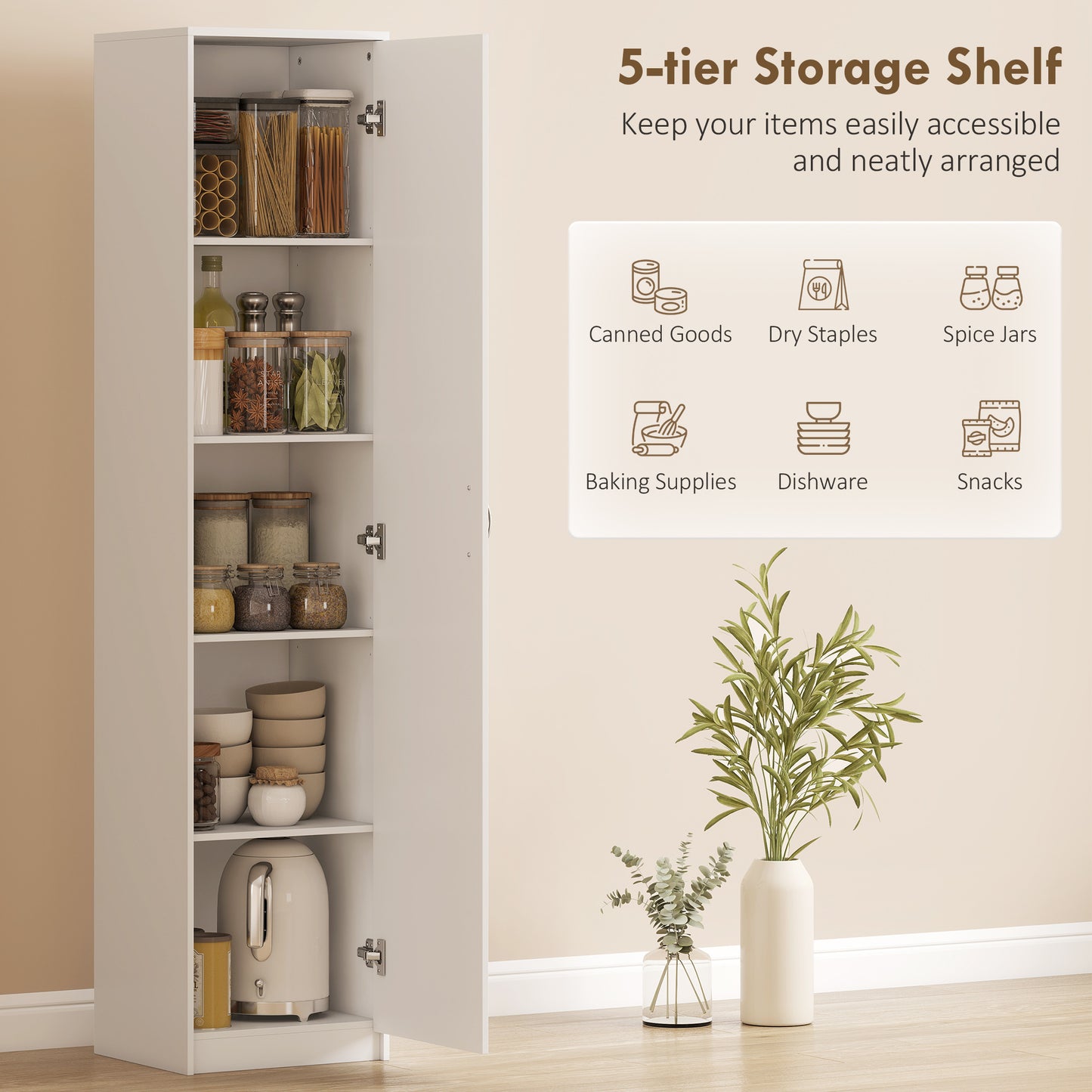 180cm Tall Kitchen Cupboard, Freestanding 5-Tier Pantry Storage Cabinet with Adjustable Shelf, White