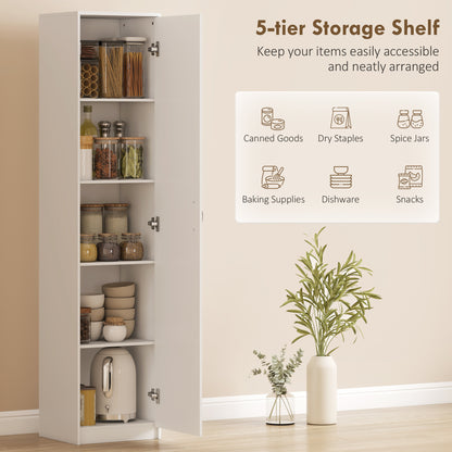 180cm Tall Kitchen Cupboard, Freestanding 5-Tier Pantry Storage Cabinet with Adjustable Shelf, White