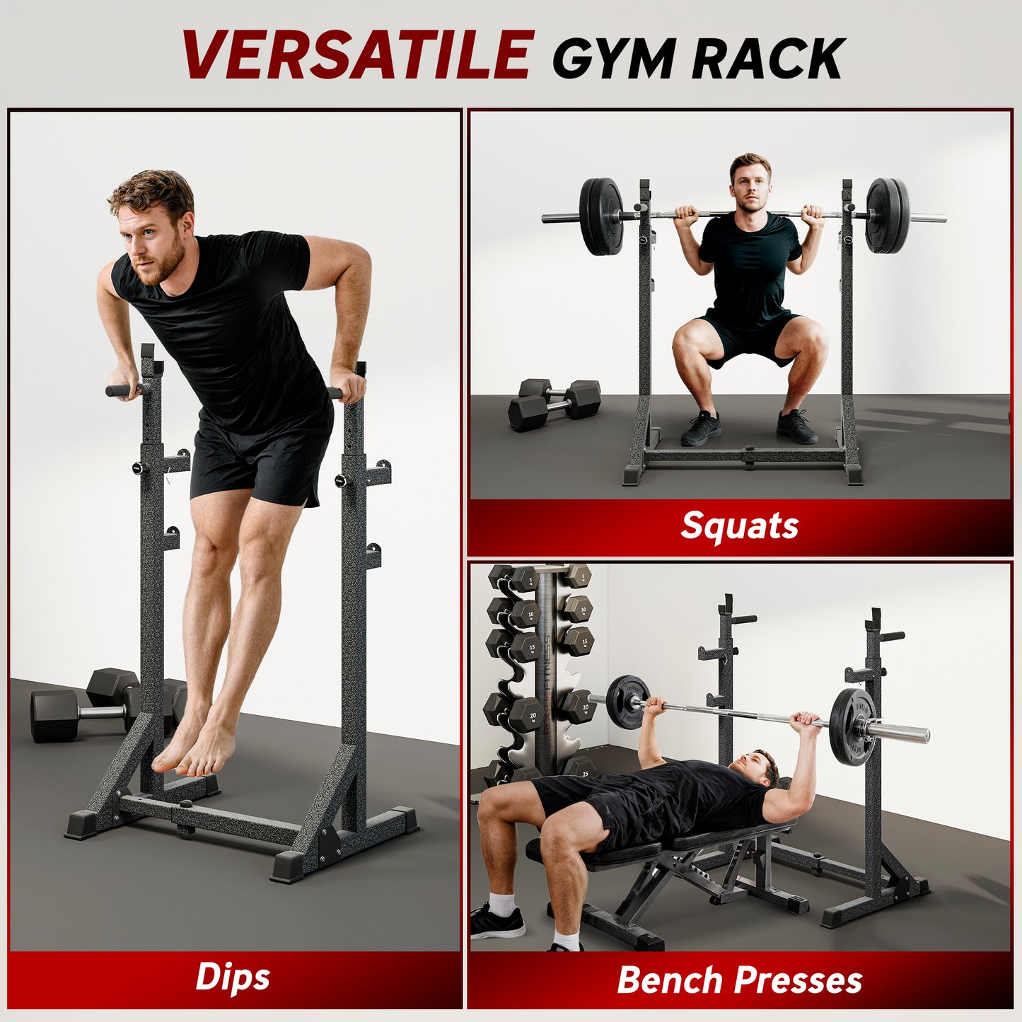 Heavy Duty Barbell Squat Rack, Adjustable and Multifunctional Weight Power Stand, for Home, Gym - Black