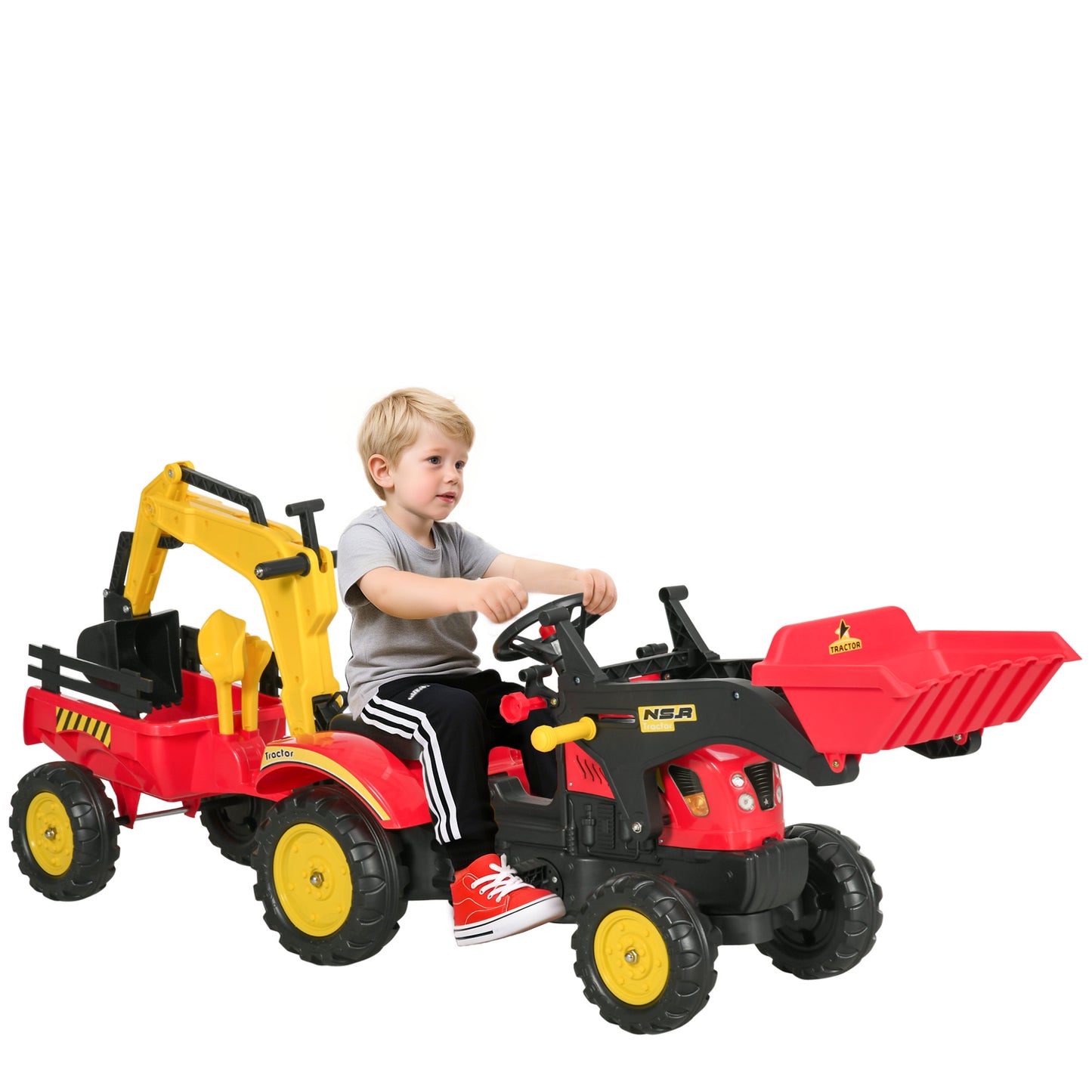 Ride On Tractor for Kids, 3 in 1 Ride On Excavator Toy Car with Adjustable Bucket, Digger and Removable Trailer