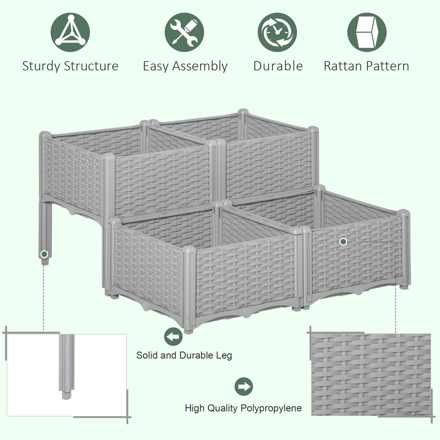 Set of 4 26L Garden Raised Bed Elevated Patio Flower Plant Planter Box PP Vegetables Planting Container, Grey