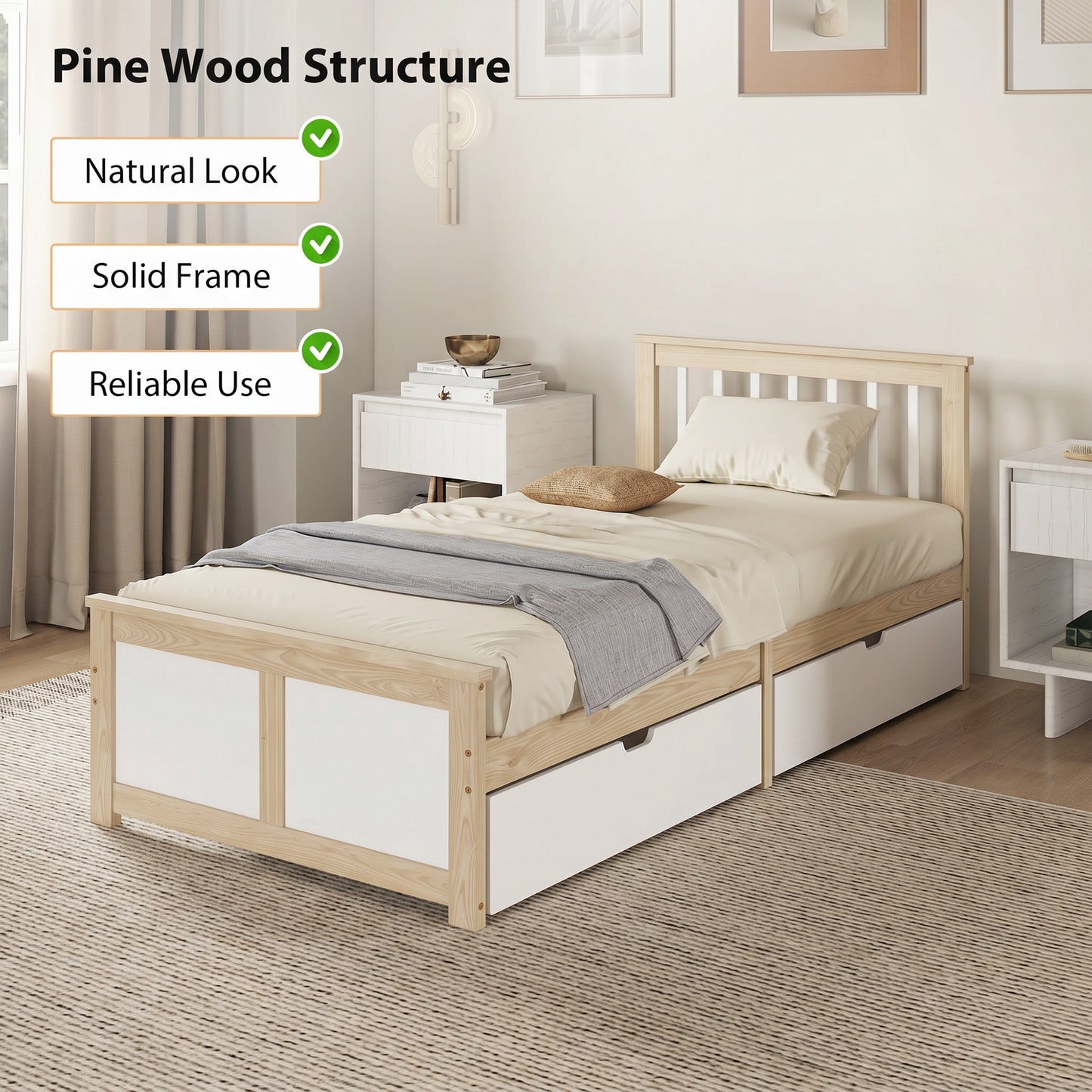 Pine Storage Bed, 3ft Single Solid Wooden Bed Frame with Drawers, Headboard, Wood Slat Support, Natural Wood Finish
