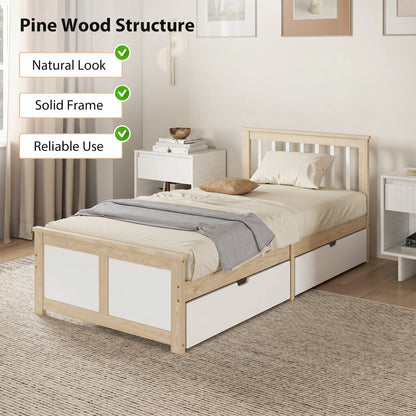 Pine Storage Bed, 3ft Single Solid Wooden Bed Frame with Drawers, Headboard, Wood Slat Support, Natural Wood Finish