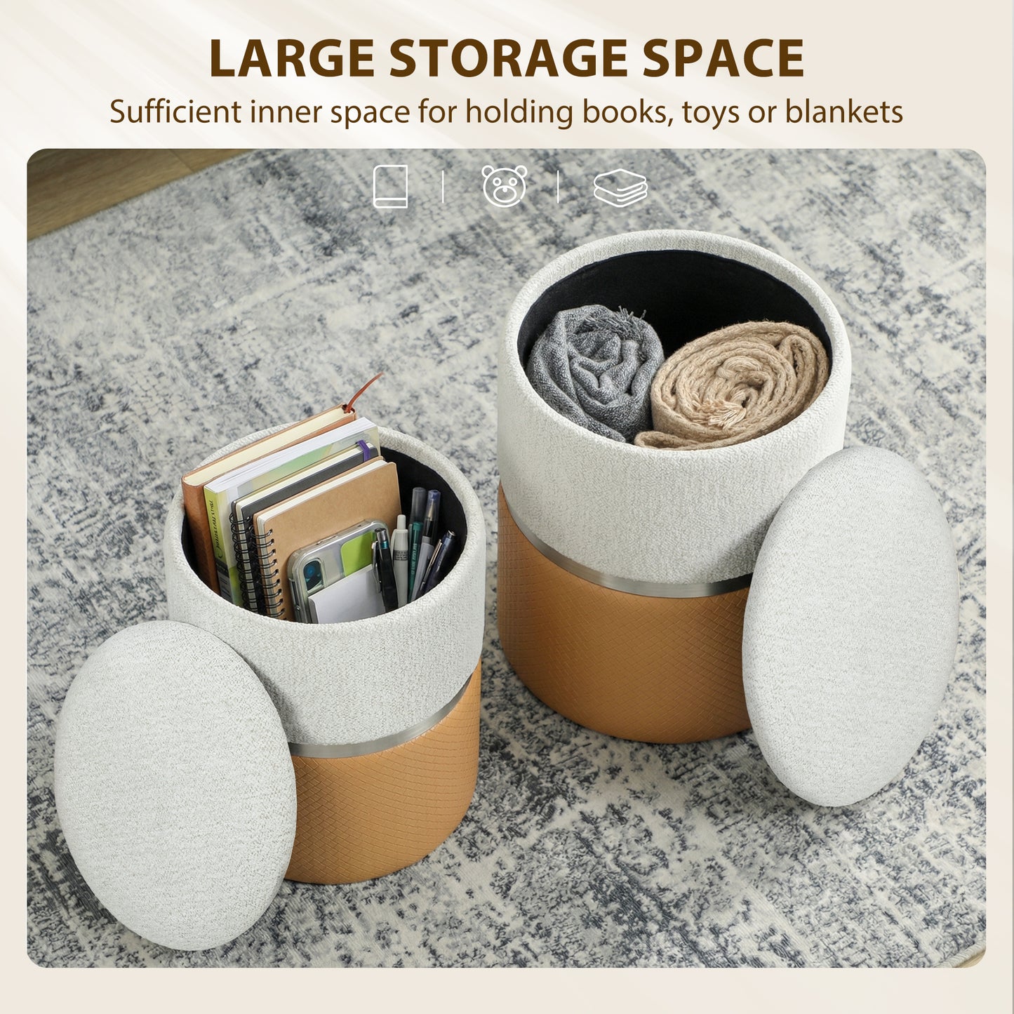 Nesting Round Ottoman with Storage Set of 2 - Cream/Brown