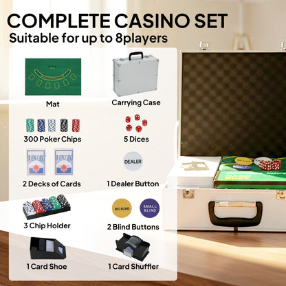 300-Piece Poker Chips Set with Card Shuffler, Card Shoe, Case, Casino Texas Holdem Poker Set with Mat, Silver Tone