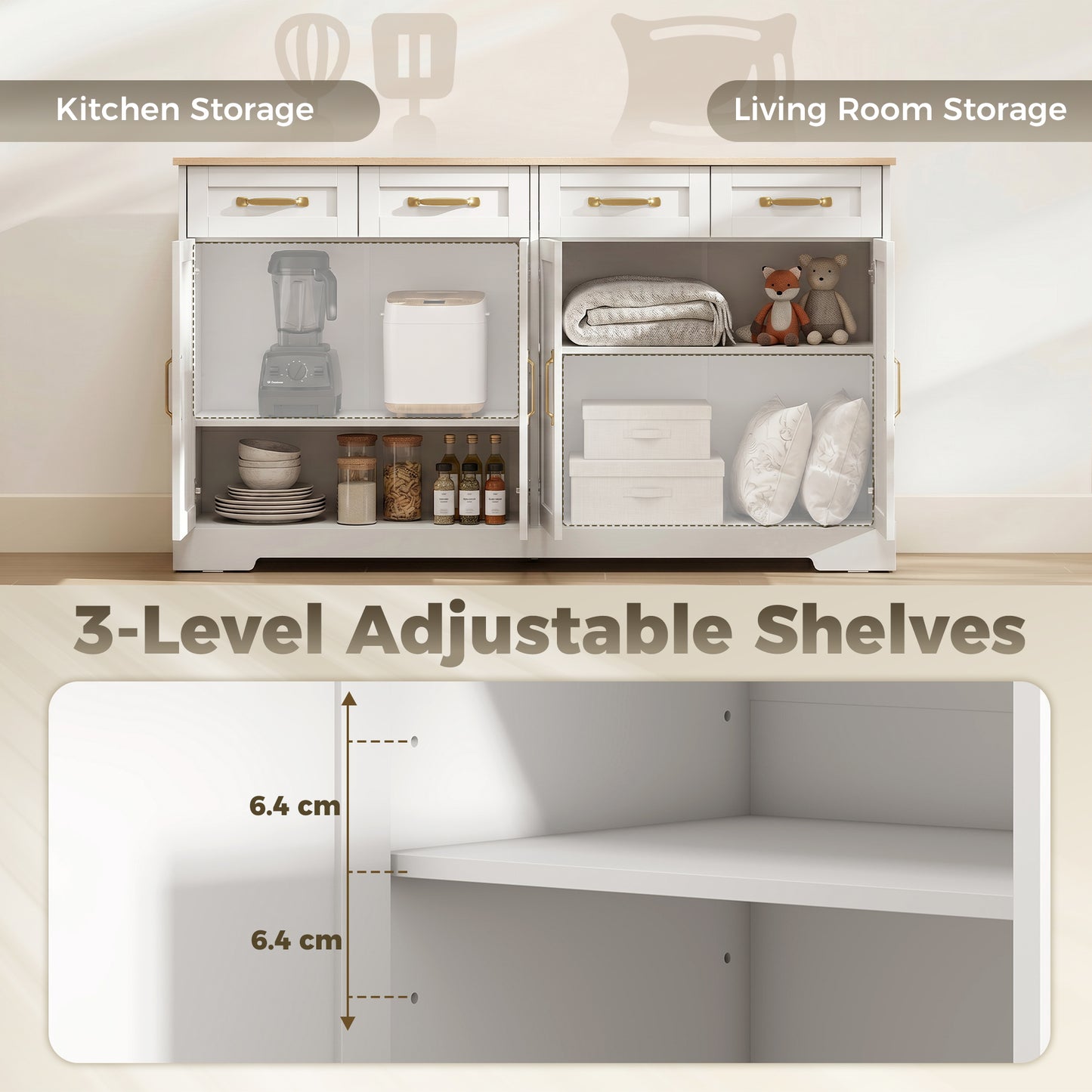 Sideboard Buffet Cabinet, 140 cm Kitchen Storage Cabinet with 4 Drawers, 4 Doors and 2 Adjustable Shelves, White