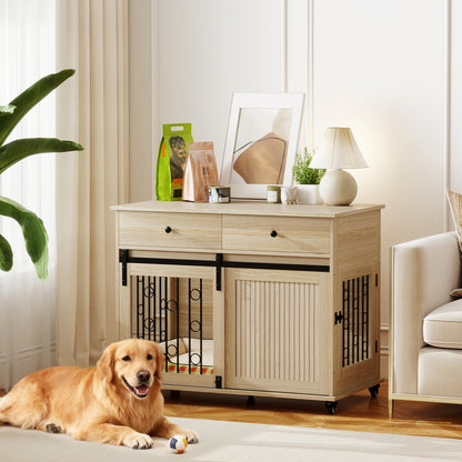 Dog Crate Furniture on Wheels, Dog Cage with 2 Drawers, Sliding Door, for Medium Large Dogs, Oak Tone