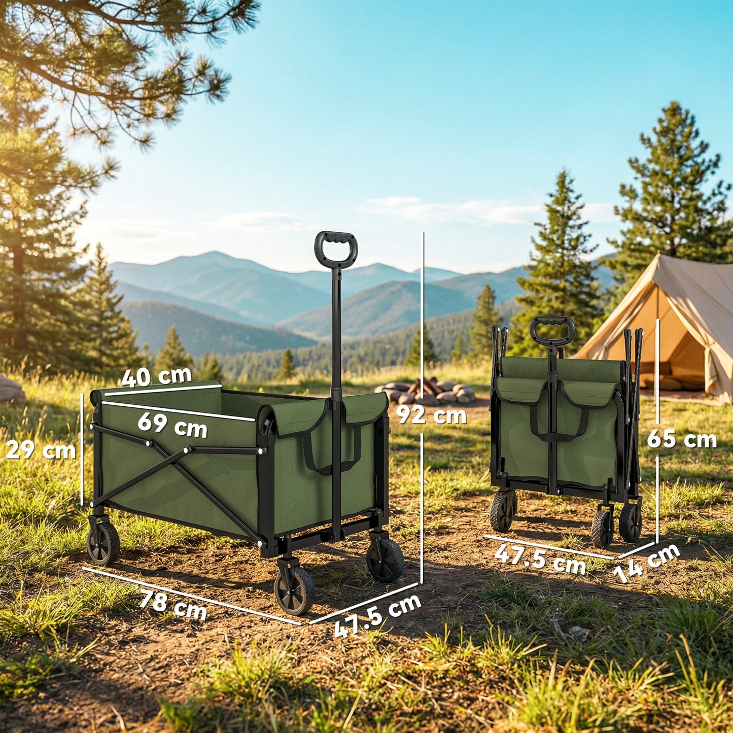 81L Festival Trolley on Wheels, Compact Garden Folding Trolley Cart with Adjustable Handle 80L Green