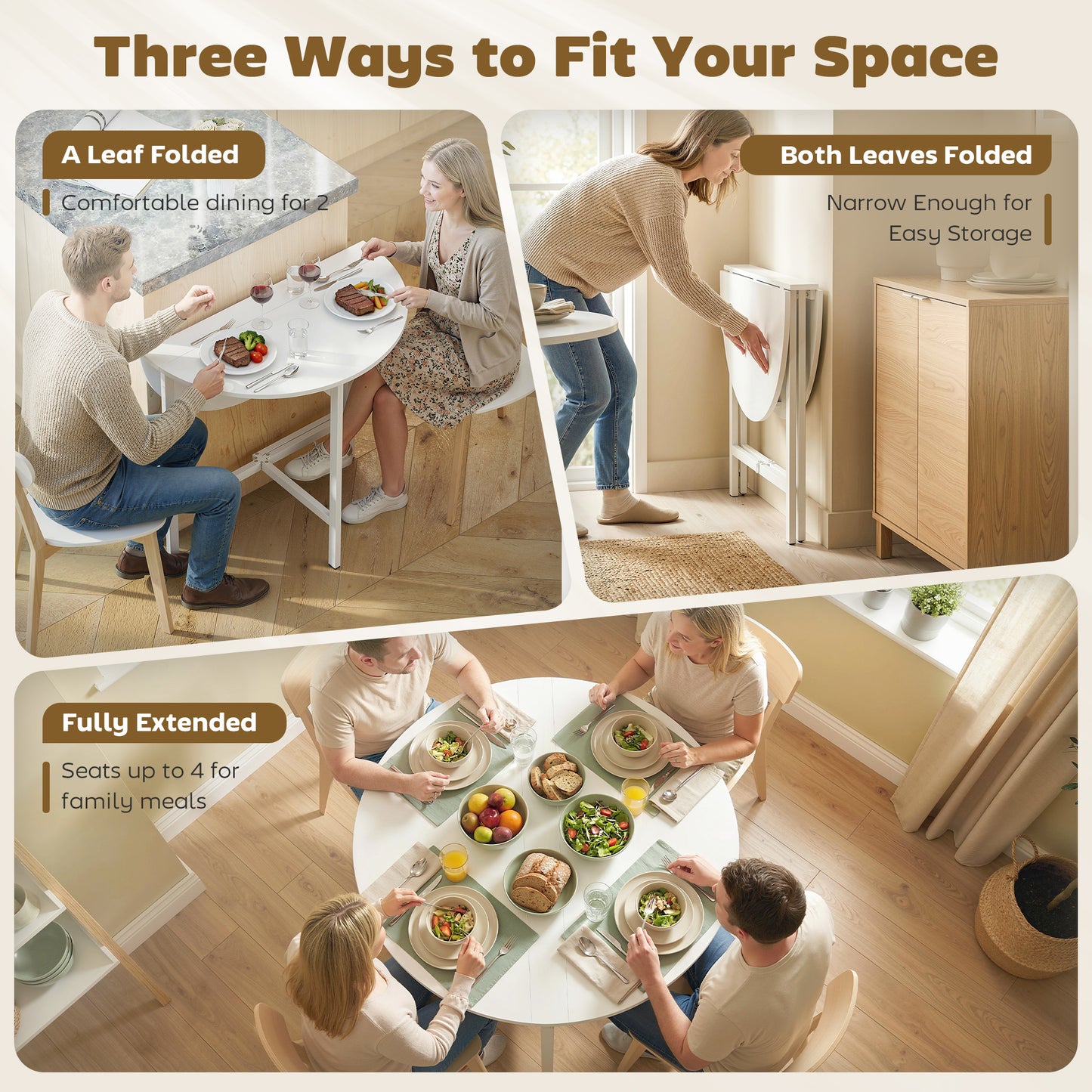Collapsible Drop Leaf Table, Folding Dining Table for Small Spaces, Extendable Kitchen Table with Steel Frame, White