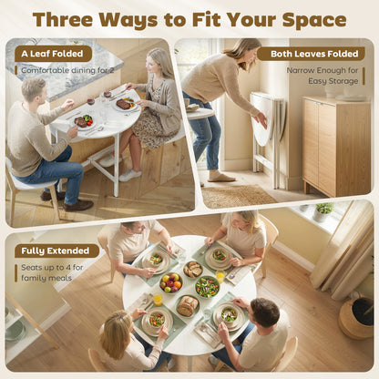 Collapsible Drop Leaf Table, Folding Dining Table for Small Spaces, Extendable Kitchen Table with Steel Frame, White