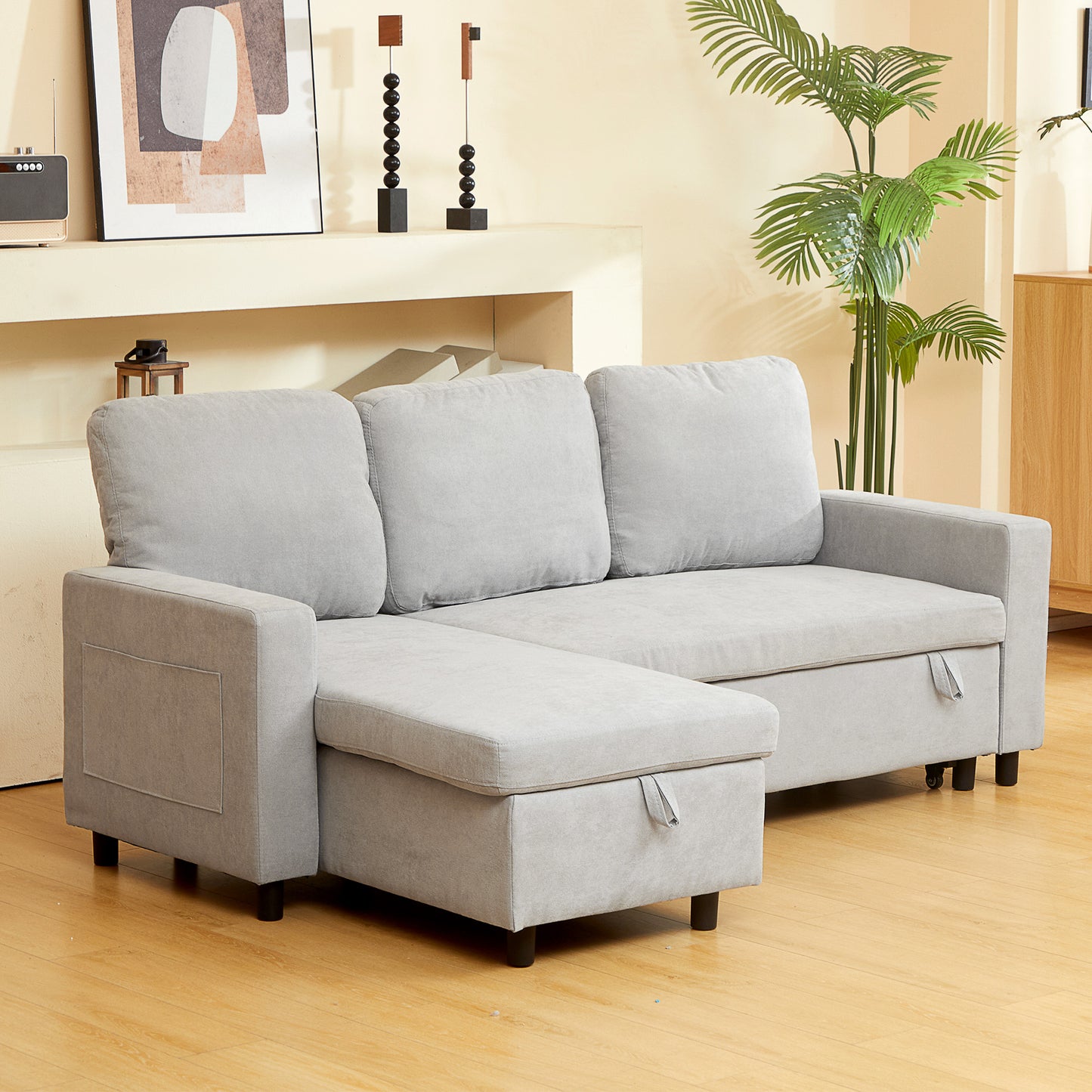 Pull Out Sofa Bed with Storage - Light Grey