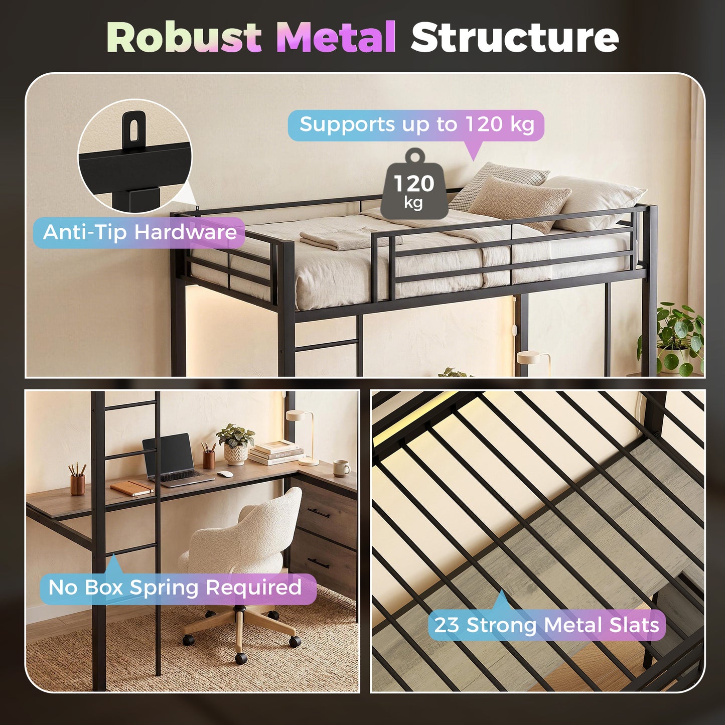 Metal Bunk Bed with Desk, High Sleeper Bed with LED Light and Safety Guardrail for Teens Adults, No Box Spring Needed