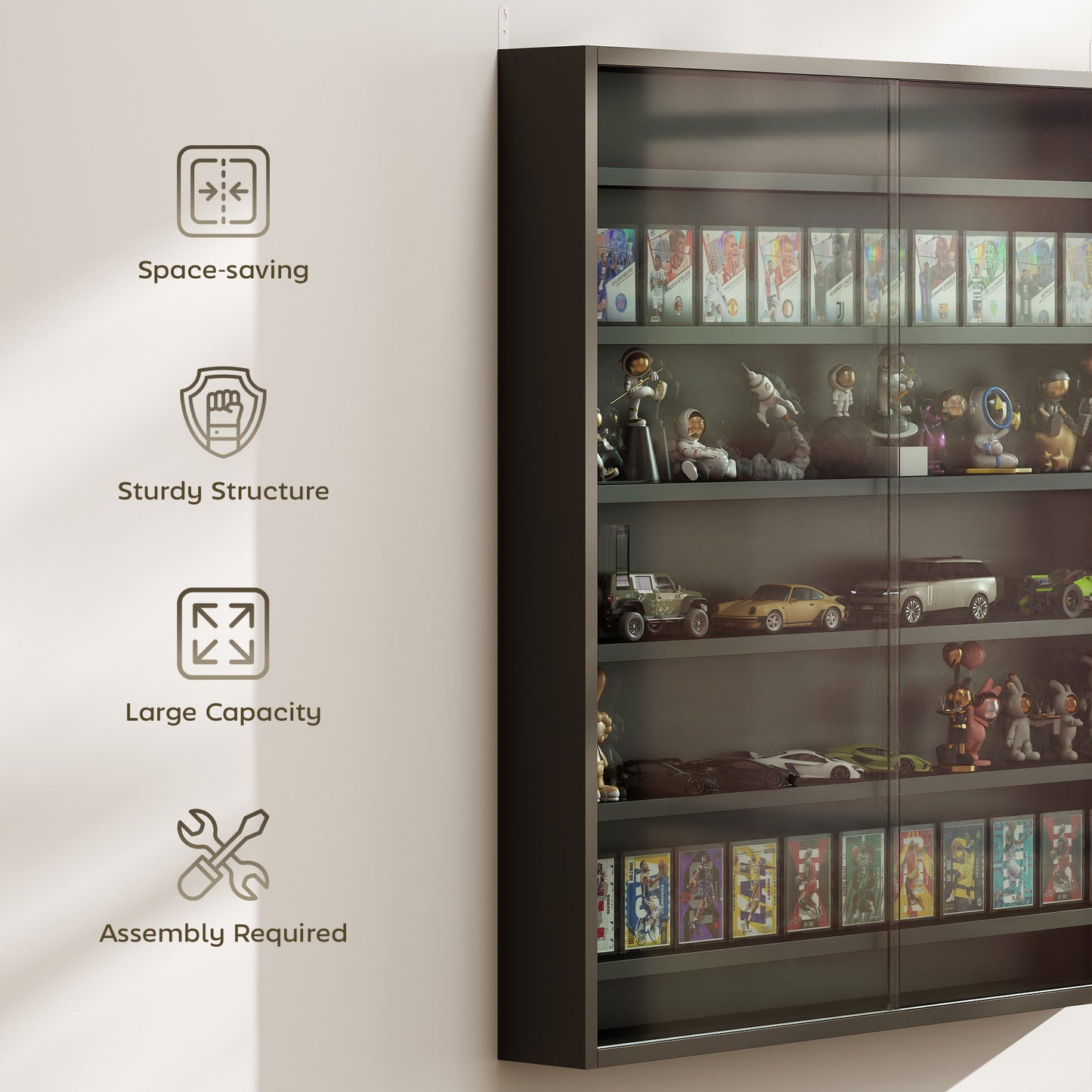 Six Shelf Display Cabinet, with Glass Doors - Black