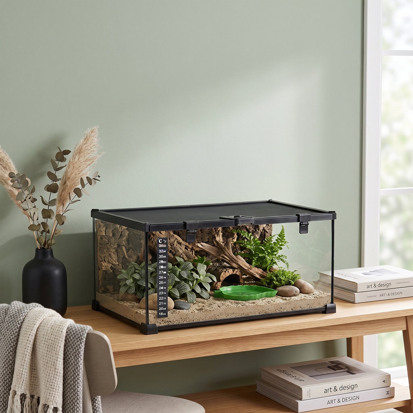Glass Reptile Terrarium Insect Breeding Tank Vivarium Habitats with Thermometer for Lizards, Horned Frogs, Snakes, Spiders