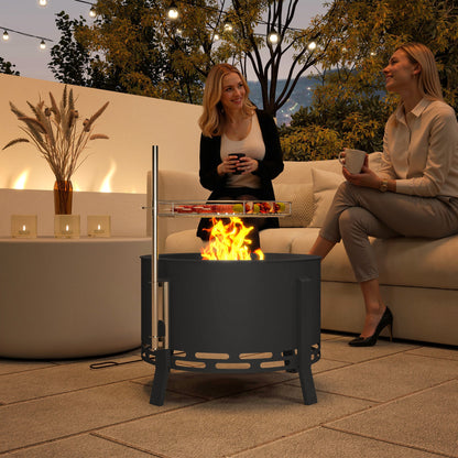 Portable Fire Pit, 58 cm Round Firepit with Grill Grate, Fire Bowl with Ash Catcher and Poker