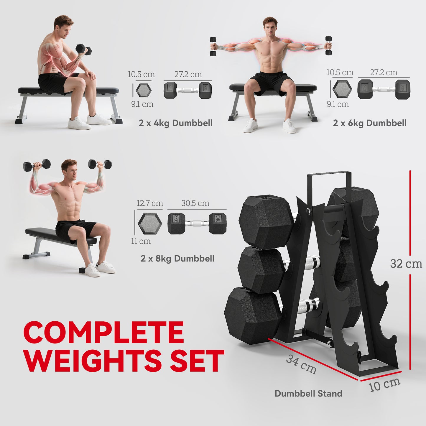 Hex Dumbbell Set with Weights Storage Rack, Rubber Coated Dumbbells, Non-Slip Chrome Handles