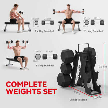 Hex Dumbbell Set with Weights Storage Rack, Rubber Coated Dumbbells, Non-Slip Chrome Handles