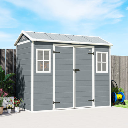 8 x 4 ft Plastic Garden Shed, Wood-Effect Outdoor Storage Shed with Floor, Windows, Lockable Doors and Vents, Light Grey